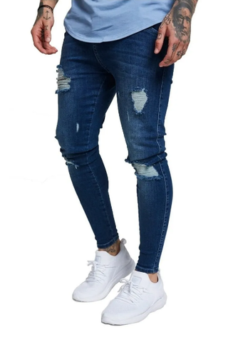 Calça Jeans Skinny Destroyed Azul Marinho
